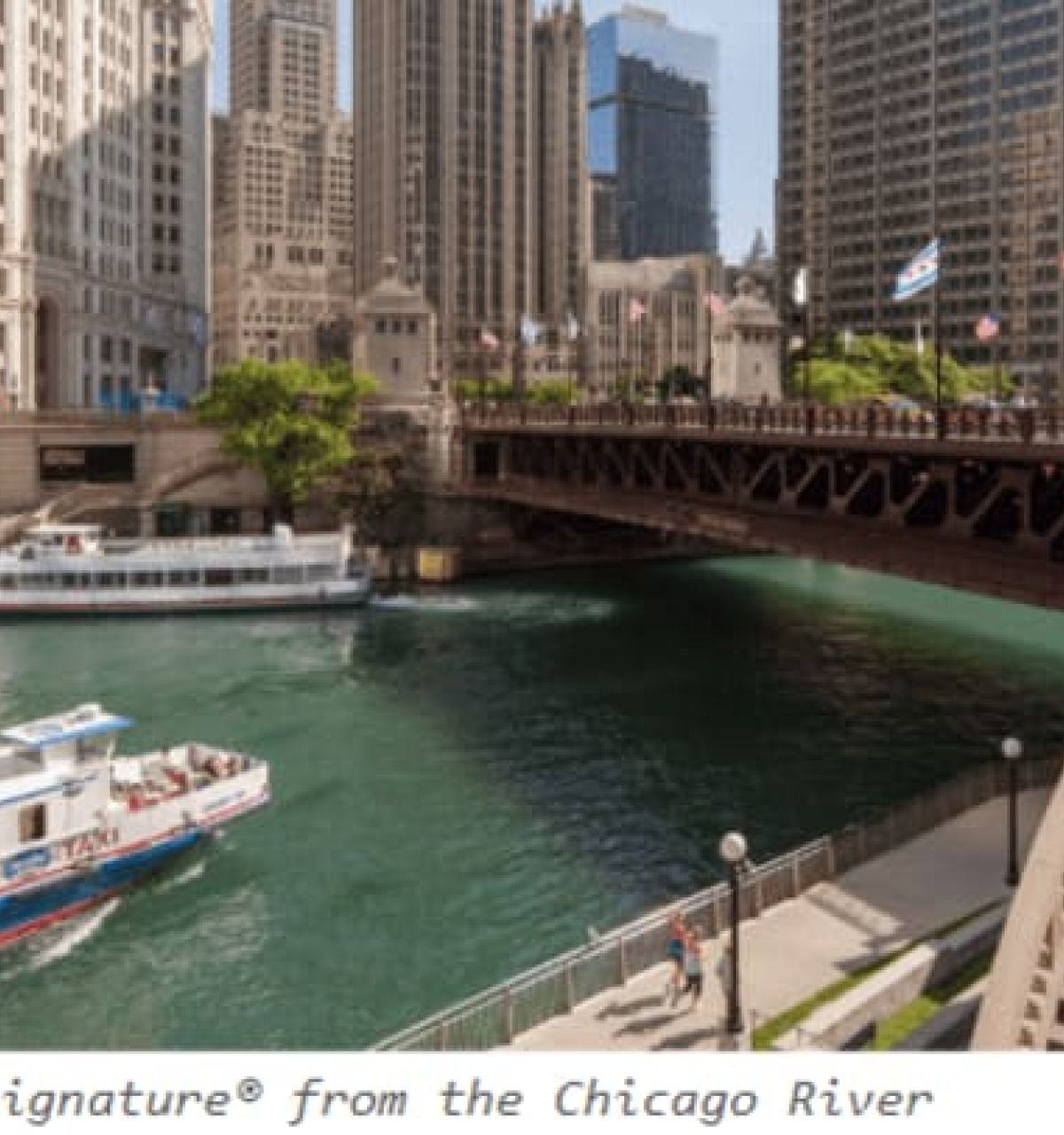 Optima Verdana luxury apartment with Tour boats glide along the Chicago River, where water features and city views promote mental wellness amid urban Blue Space Living.