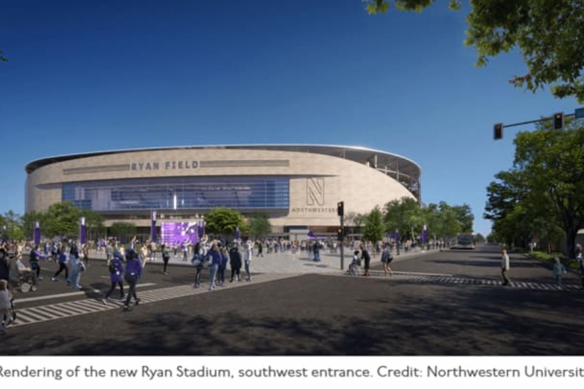 Optima Verdana luxury apartment with Rendering of Ryan Field stadium entrance at Northwestern University, with crowds and trees under a clear blue sky.