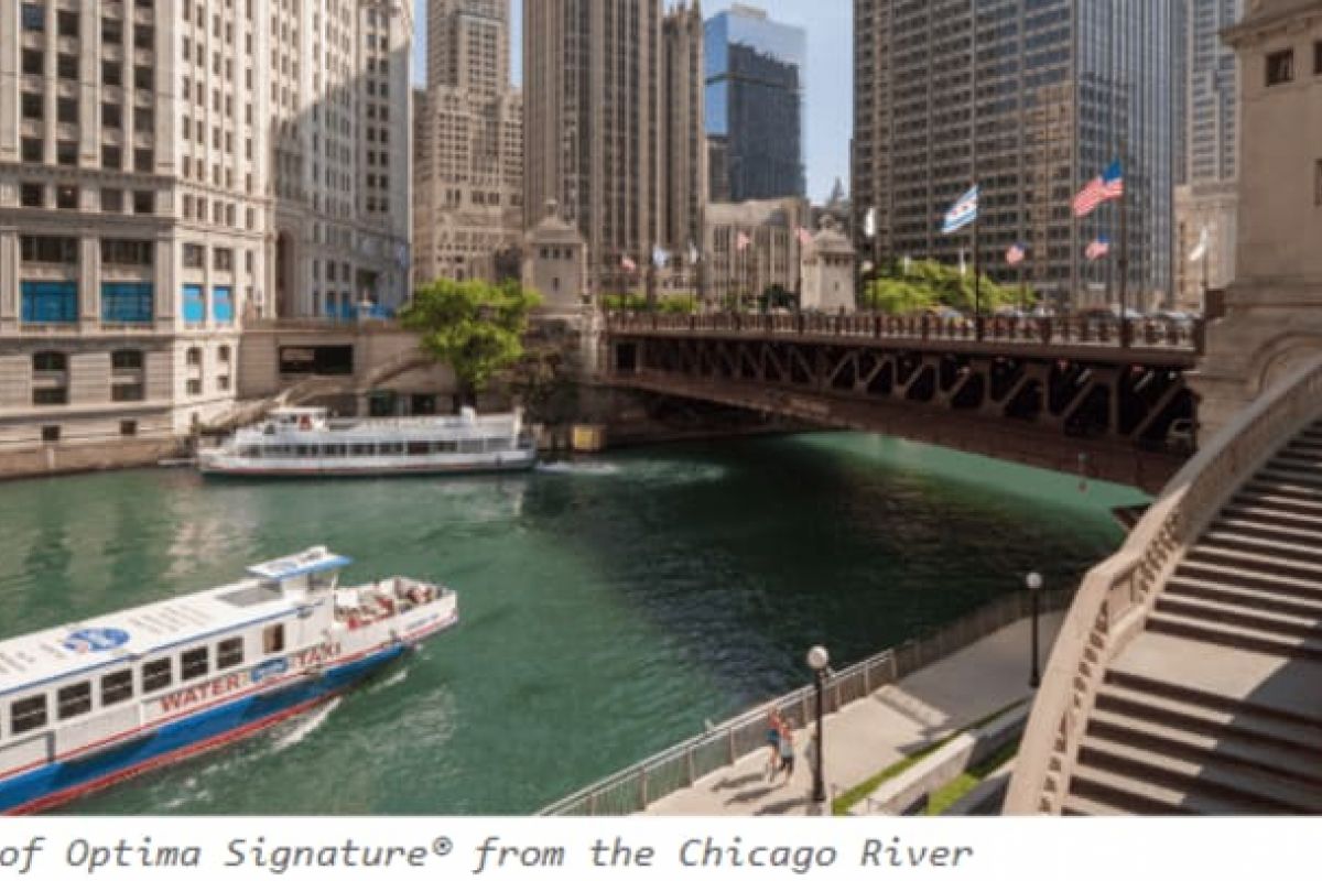 Optima Verdana luxury apartment with Tour boats glide along the Chicago River, where water features and city views promote mental wellness amid urban Blue Space Living.