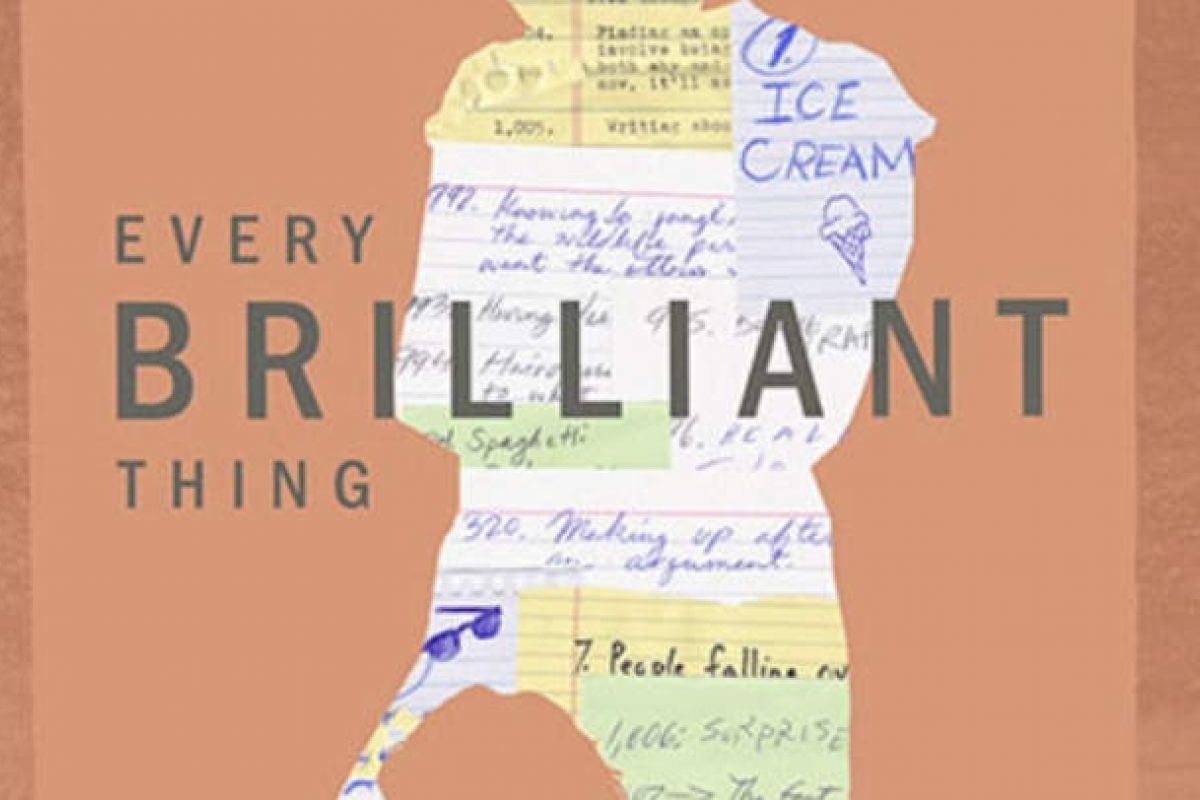 Optima Verdana luxury apartment with Silhouette of a person with handwritten notes, "Every BRILLIANT Thing" text on a peach background for Writers Theatre’s Theatrical Holiday.