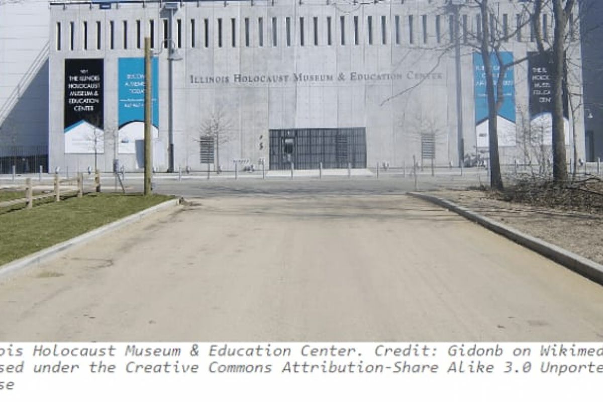 Optima Verdana luxury apartment with Wide view of the Illinois Holocaust Museum, a powerful tribute to memory and humanity, with its name visible on the building’s facade.