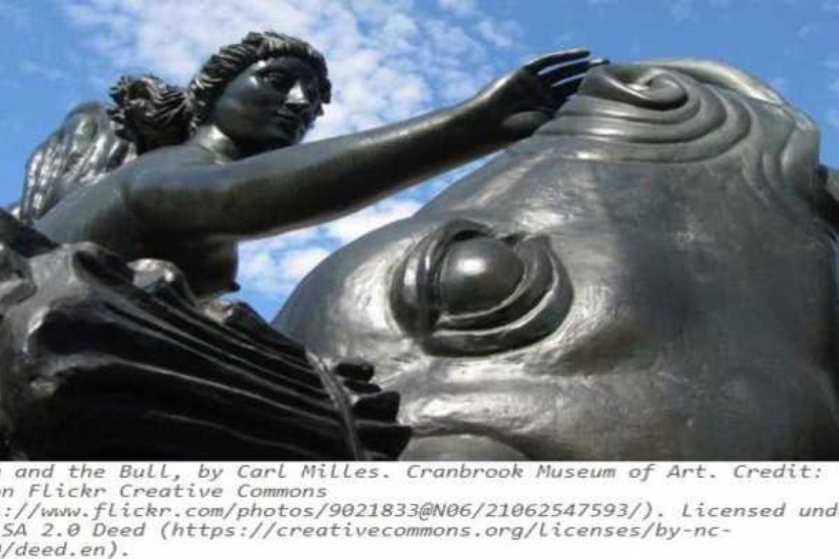Optima Verdana luxury apartment with Close-up of a bronze statue at Cranbrook Museum, depicting a woman riding a bull, with dramatic sky in the background.