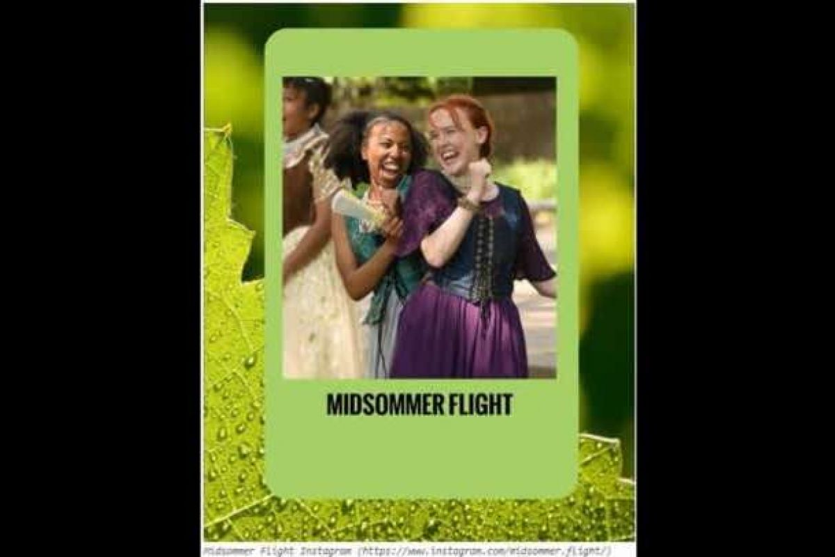 Optima Verdana luxury apartment with Two women in colorful costumes laugh outdoors; text reads "Midsommer Flight"—a summer theater Chicago favorite.