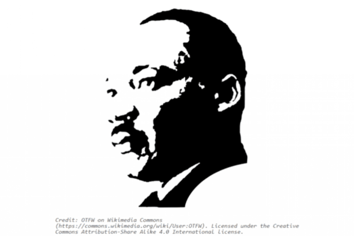 Optima Verdana luxury apartment with Black and white stencil-style portrait of MLK looking to the right, featured in Skokie Heritage Museum's Remembering MLK exhibit.