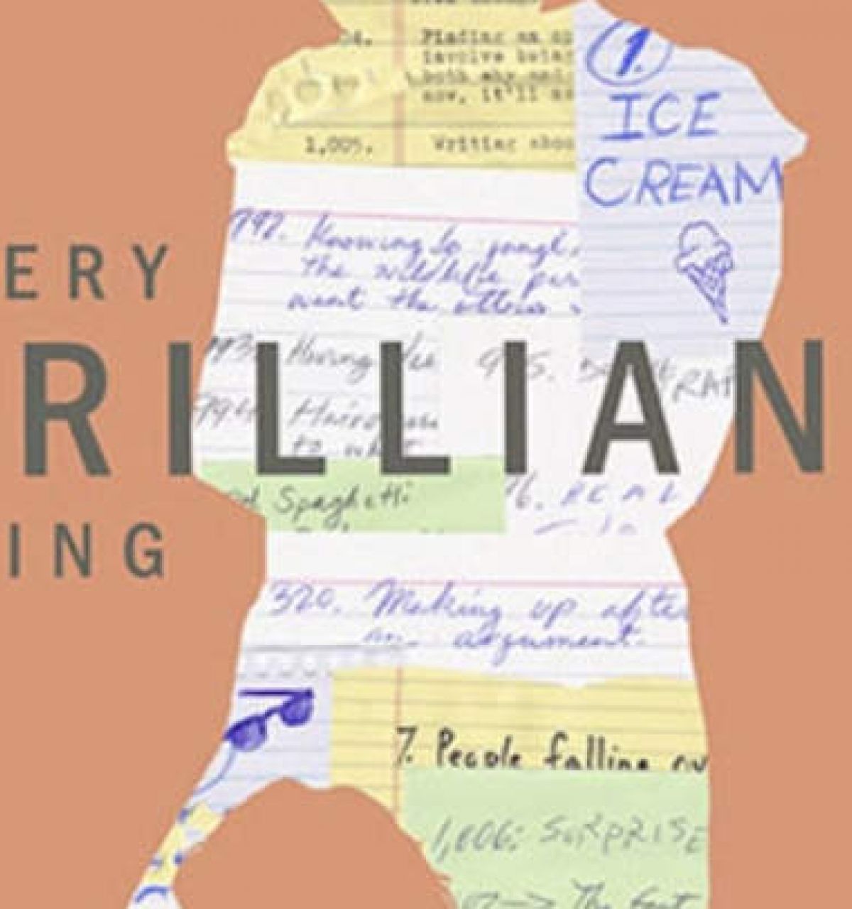 Optima Verdana luxury apartment with Silhouette of a person with handwritten notes, "Every BRILLIANT Thing" text on a peach background for Writers Theatre’s Theatrical Holiday.