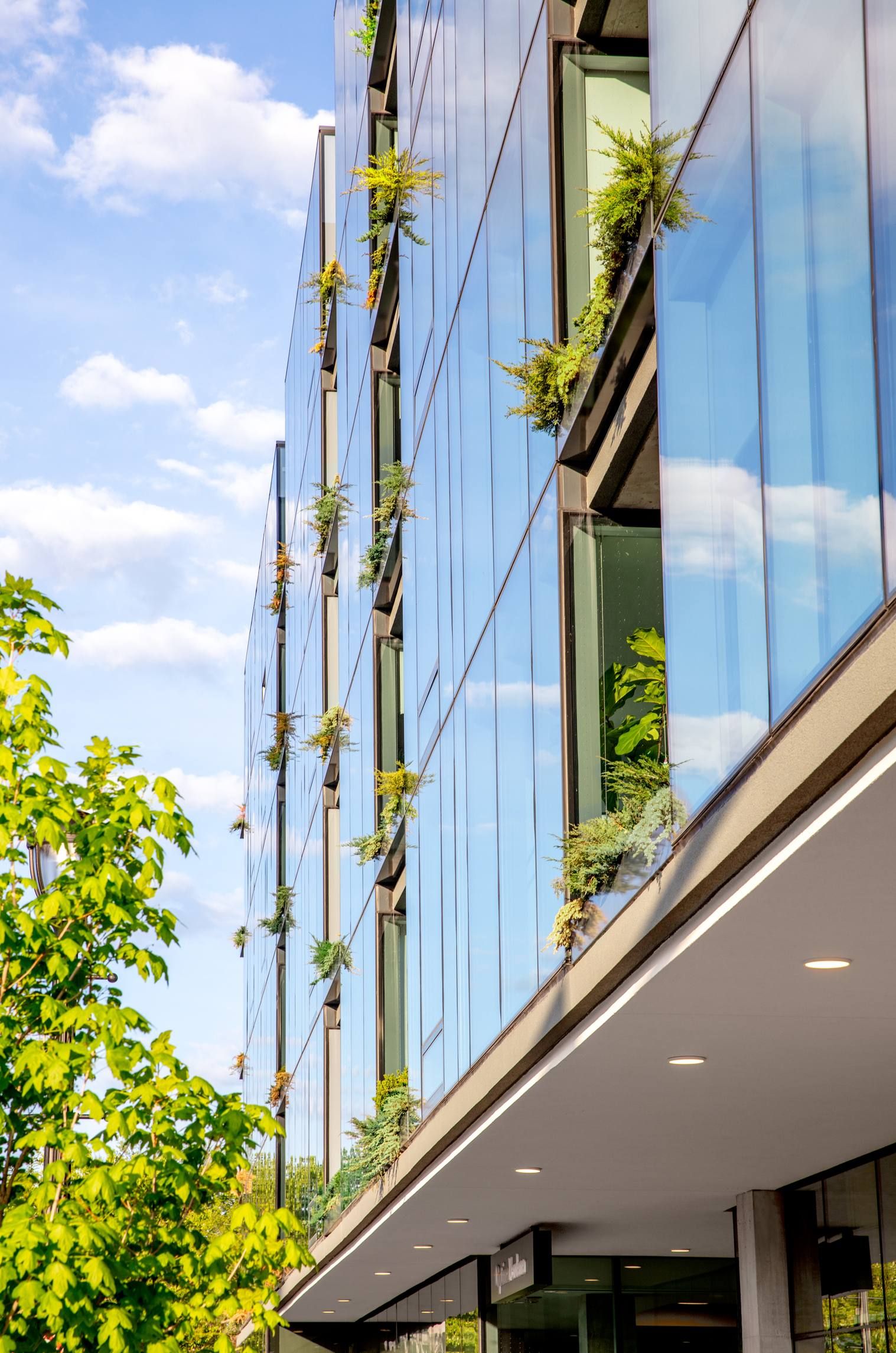 Optima Verdana luxury apartment with Modern glass building with plants growing on balconies, reflecting blue sky and surrounding greenery.