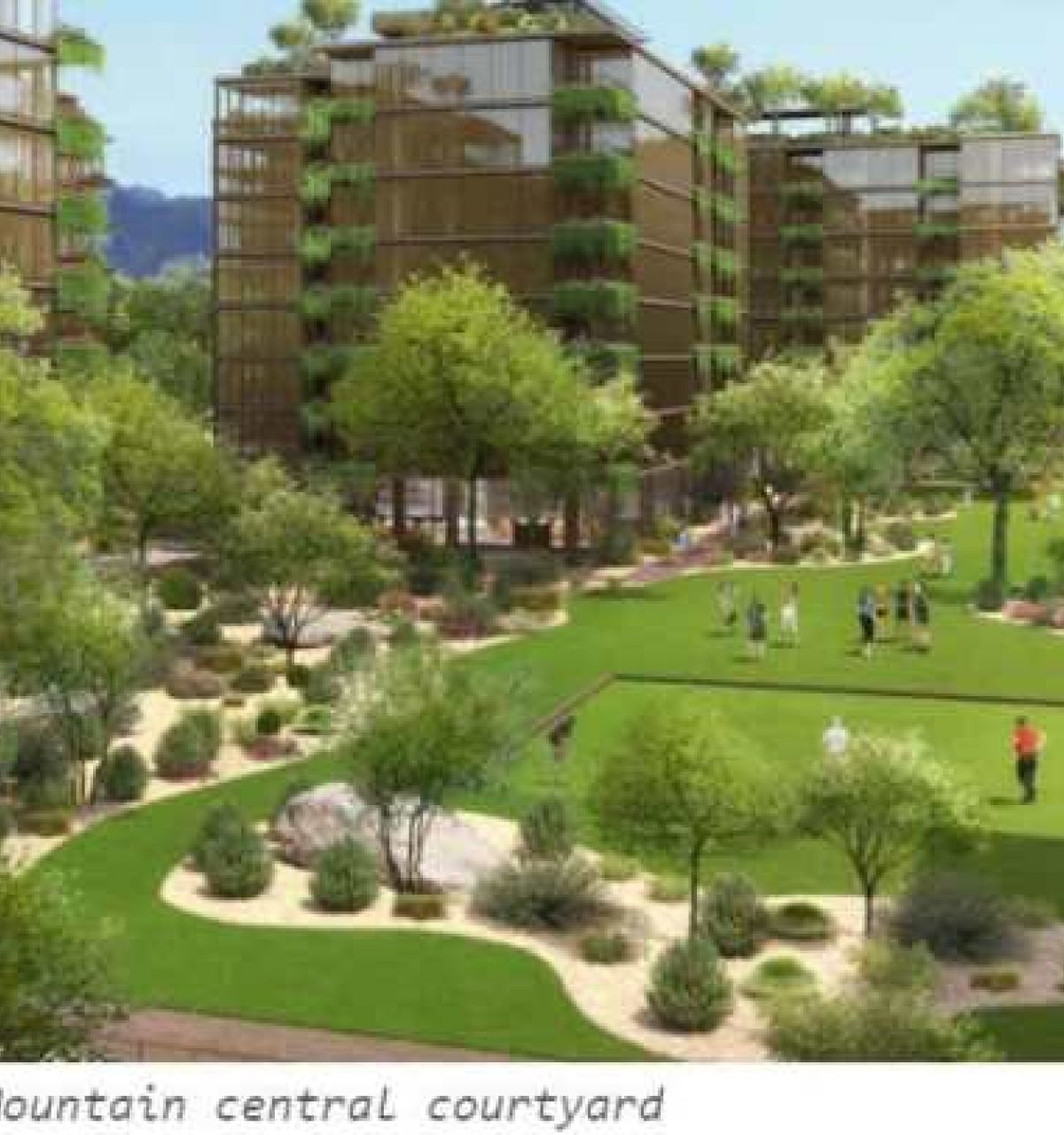 Optima Verdana luxury apartment with Modern apartment buildings with sustainable design surround a green courtyard where people walk or play lawn games among trees and plants.