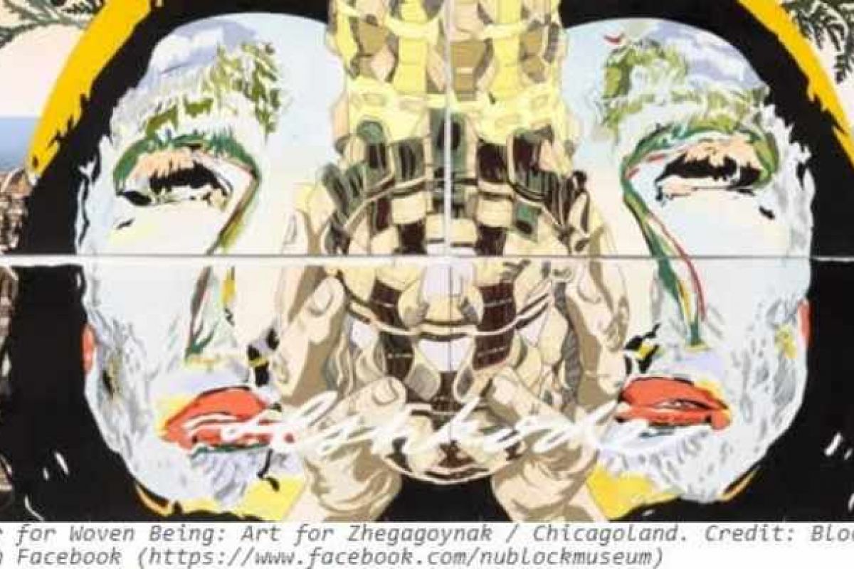 Optima Verdana luxury apartment with Abstract art featuring mirrored human faces with colorful patterns and woven textures, inspired by Chicagoland’s Woven Being at the Block Museum.