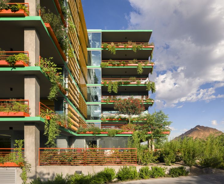 Optima Sonoran Village apartments modern building with greenery on balconies, clear blue sky, and a distant mountain in the background.