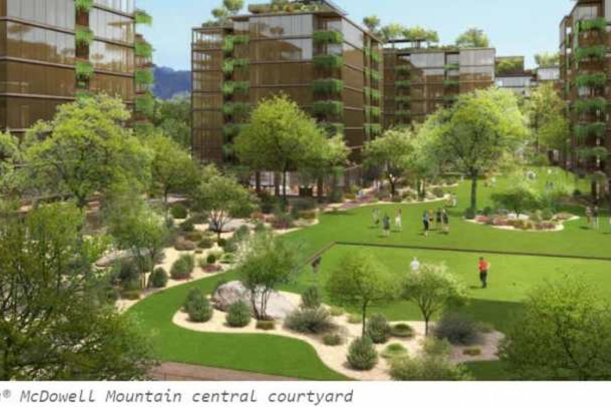 Optima Verdana luxury apartment with Modern apartment buildings with sustainable design surround a green courtyard where people walk or play lawn games among trees and plants.