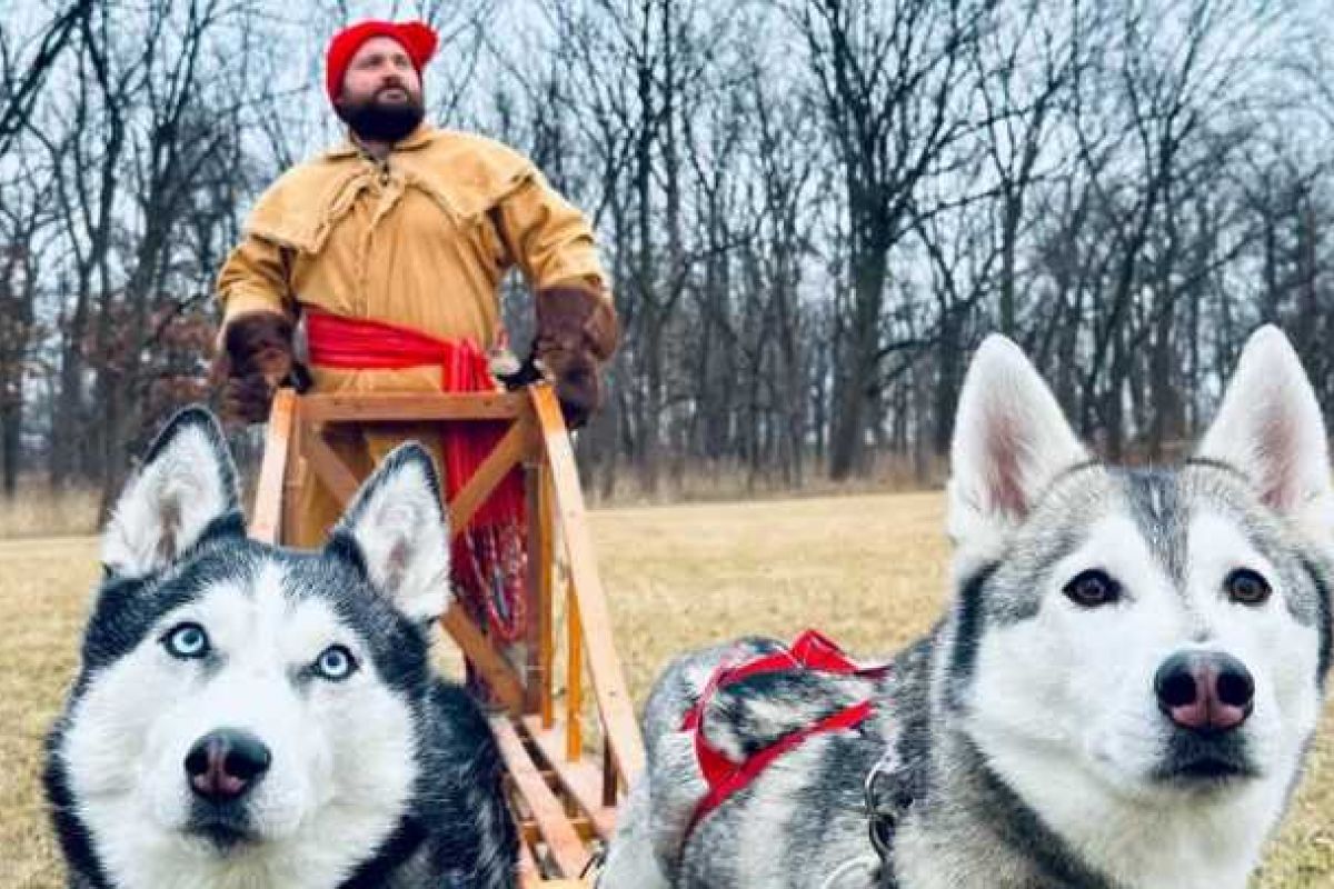 Optima Verdana luxury apartment with A man in historical clothing stands behind a wooden sled with two huskies, ready for a Yukon Adventure in the great outdoors.