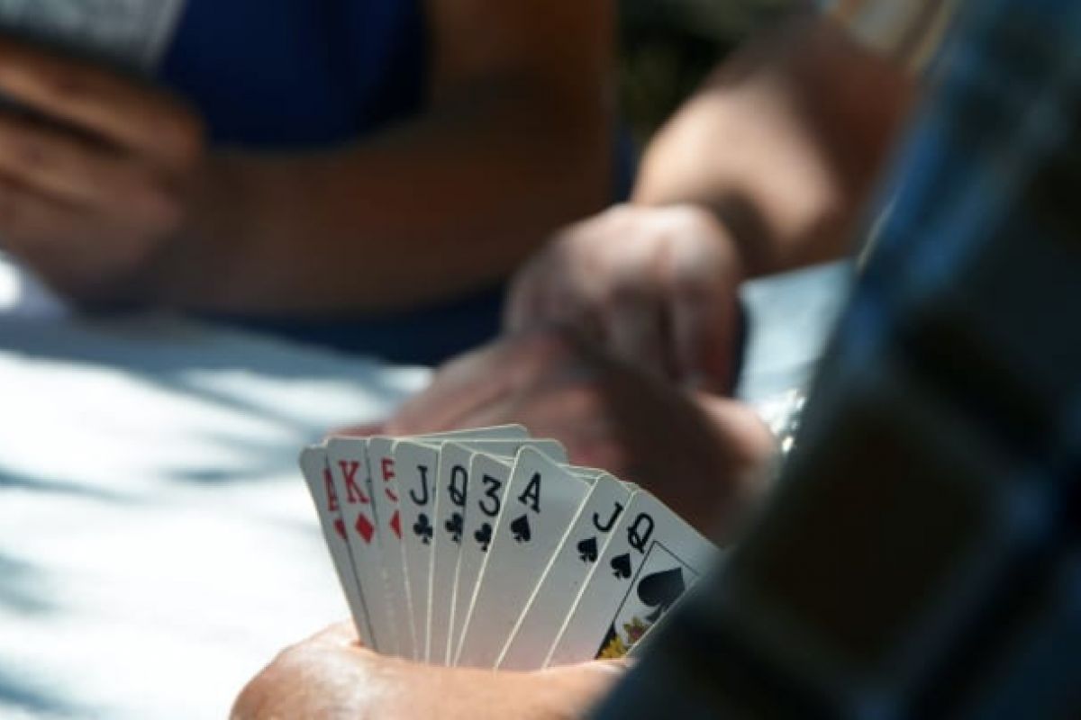 Optima Verdana luxury apartment with Close-up of a person holding playing cards at a Euchre table, with other people and cards visible in the background.