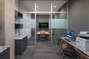 Optima Verdana luxury apartment with Modern office space with desks, chairs, computer, printer, and a glass-walled conference room in the background.