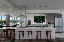 Optima Verdana luxury apartment with Modern kitchen with marble island, wooden stools, stainless steel appliances, and large windows.