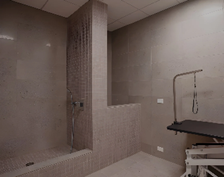 Optima Verdana luxury apartment with Accessible shower area with beige tiles and a black adjustable medical table on the right.